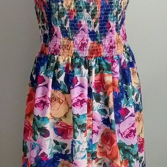 Summer Beach Corset Dress Strappy Colourful Floral Smocked Open Back Light Fairy - Picture 6 of 8